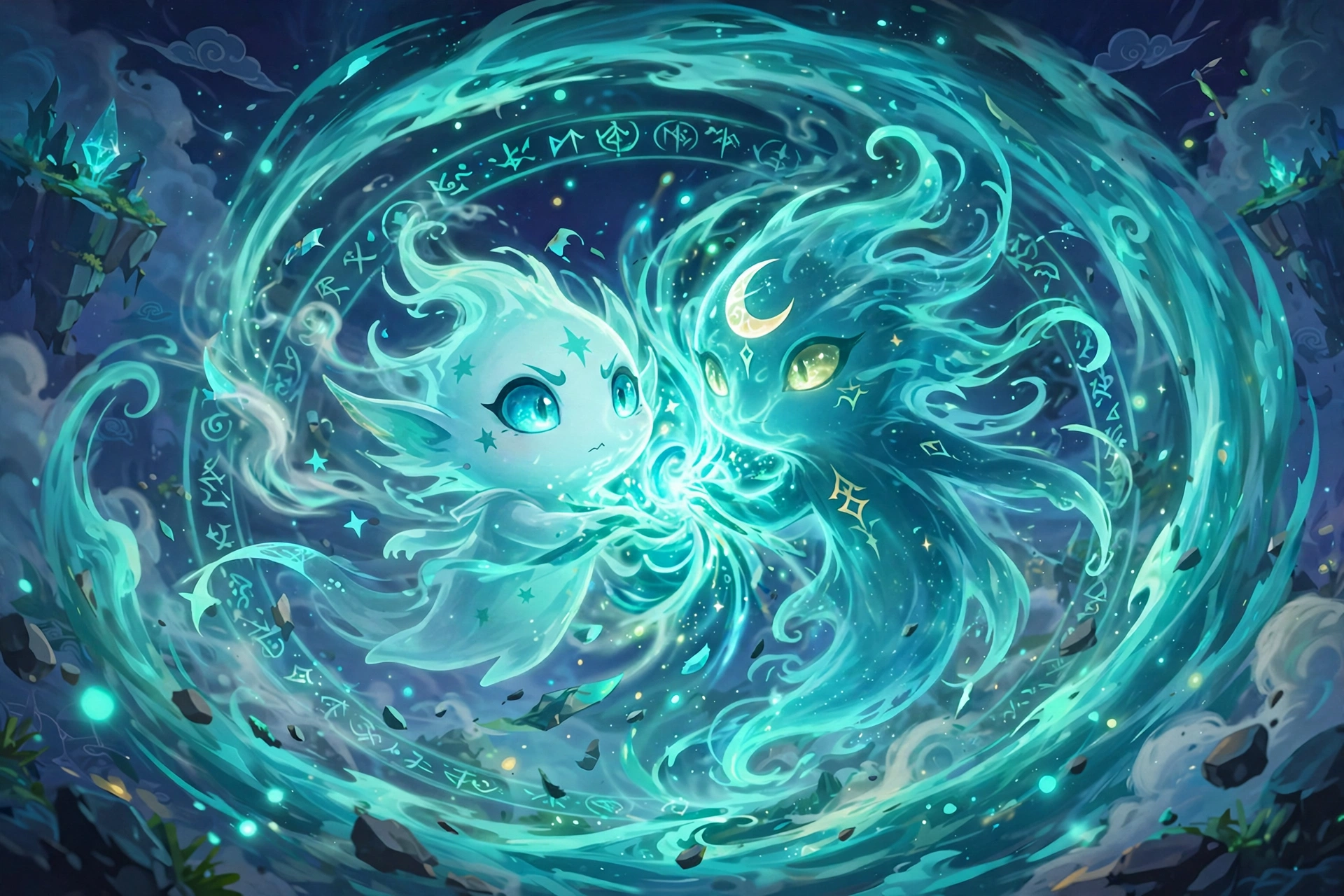 Two ghostly creatures fusing inside a swirling teal spirit energy vortex