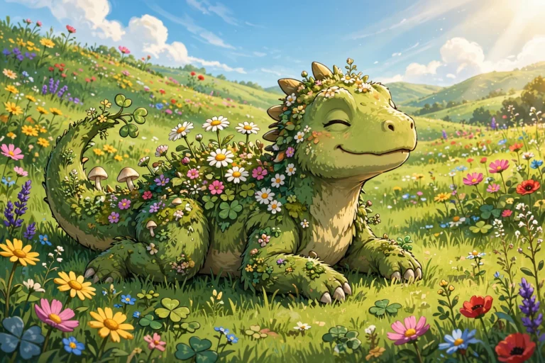 Flower dinosaur-like grass creature basking in a sunny flower meadow