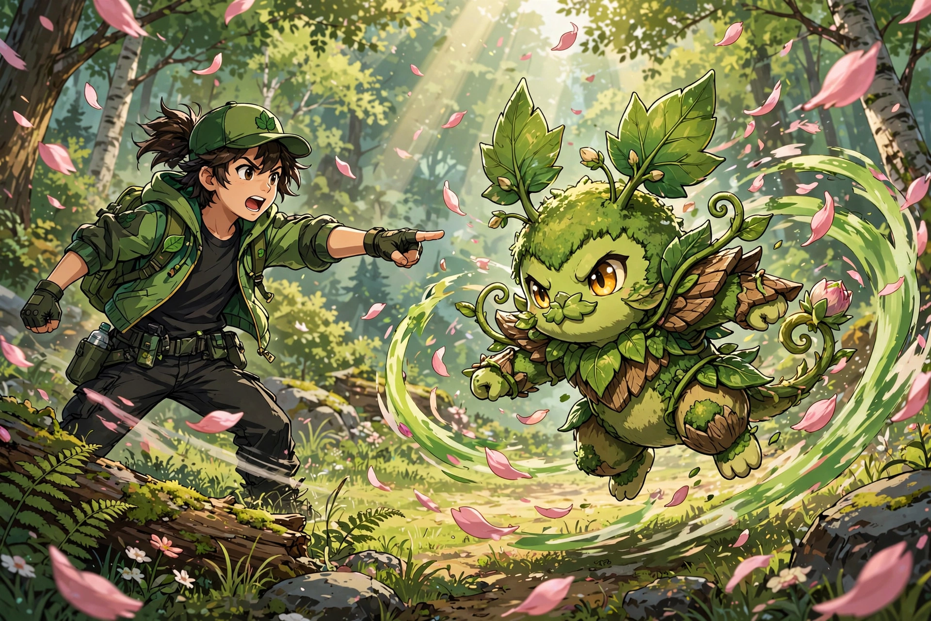 Trainer commanding a leafy creature battling in a forest clearing