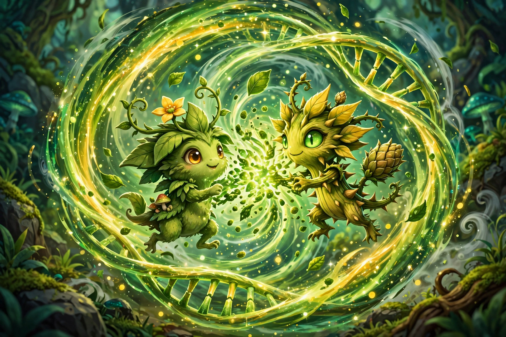 Two plant creatures fusing inside a swirling green energy vortex