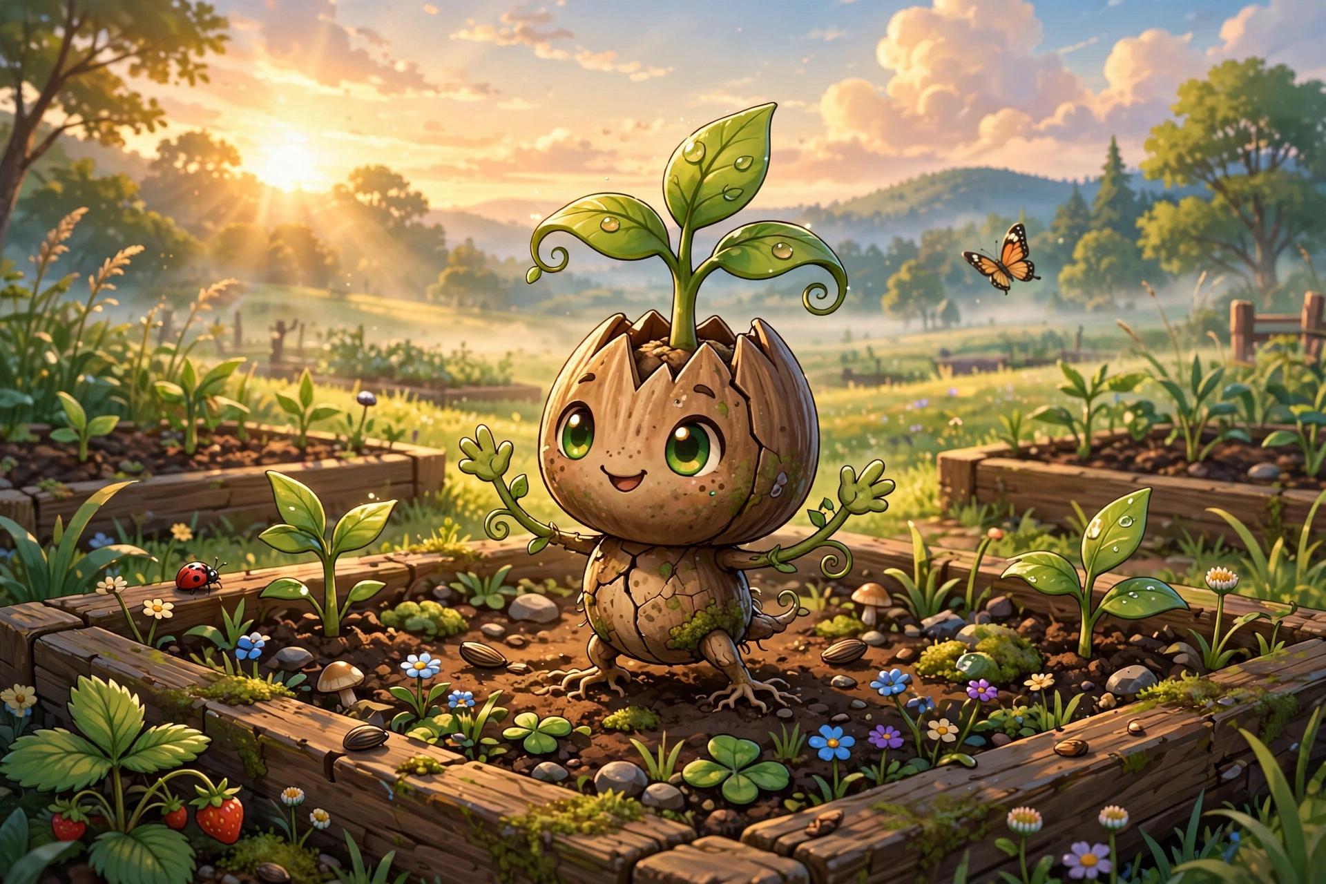 Small seed creature sprouting in a garden bed at sunrise