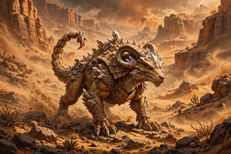 Armored desert creature fusion standing in a sandstorm canyon