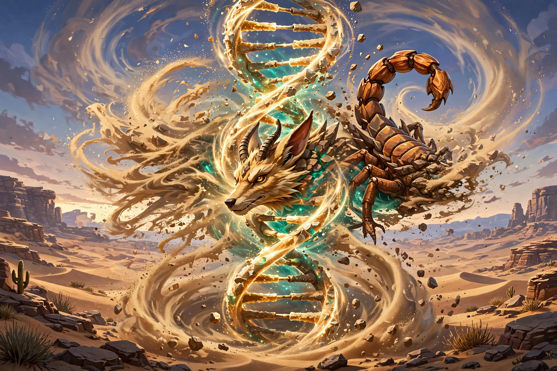 Two desert creatures merging in a swirling sand energy vortex