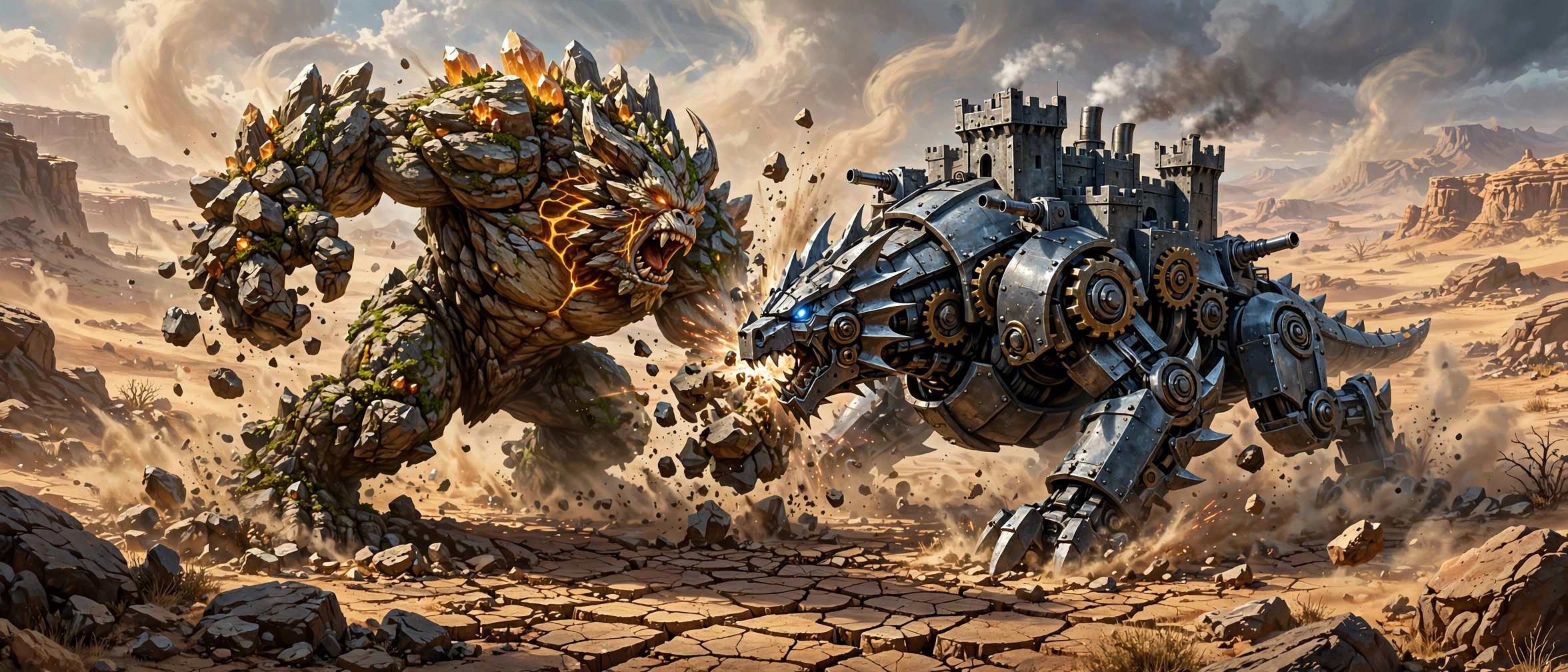 Ground-type rock monster battling a steel beast in desert