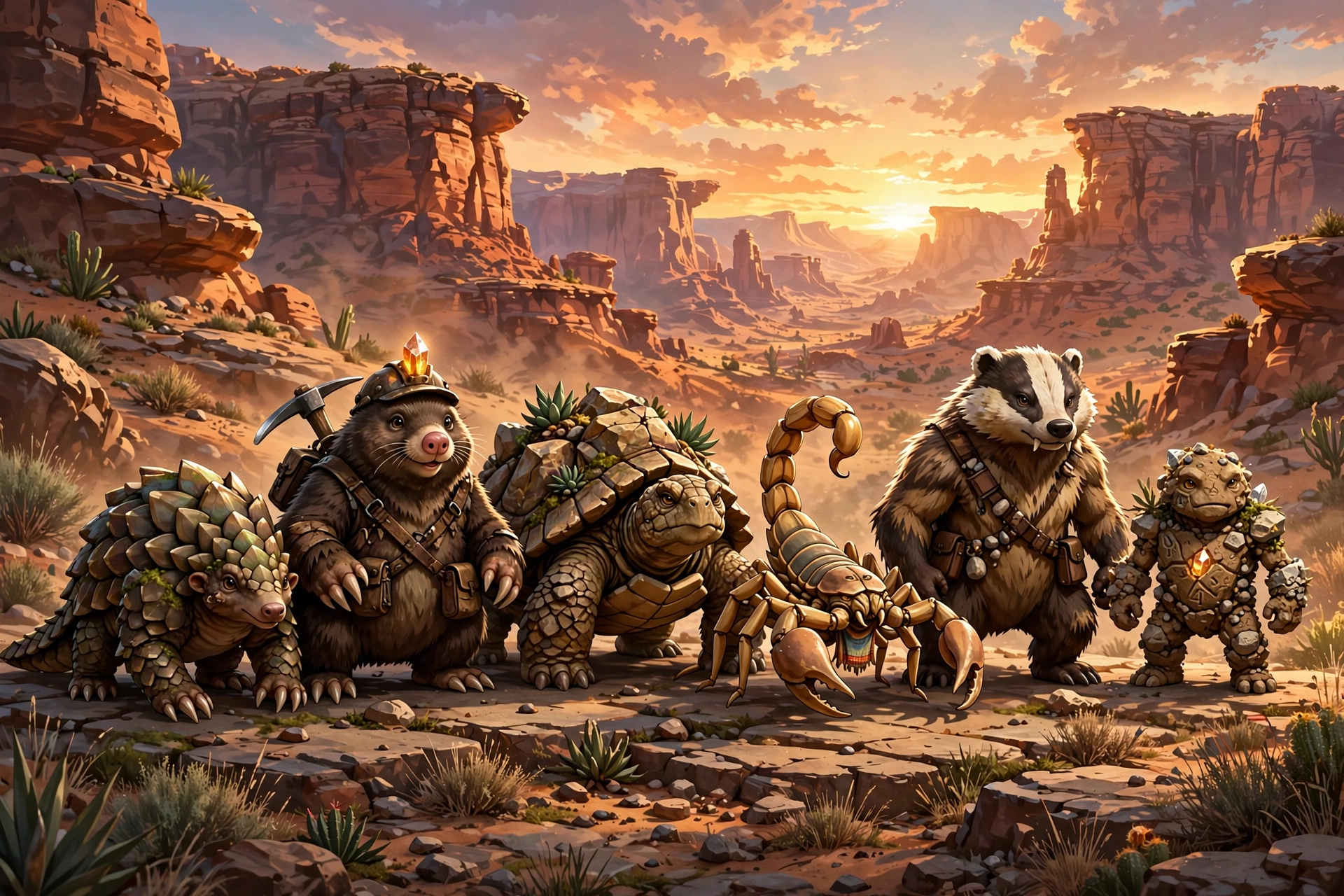 Team of six ground-type creatures on a rocky desert plateau