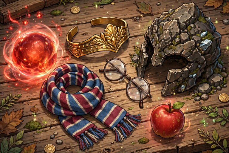 Battle items displayed: glowing orb, headband, scarf, helmet and fruit