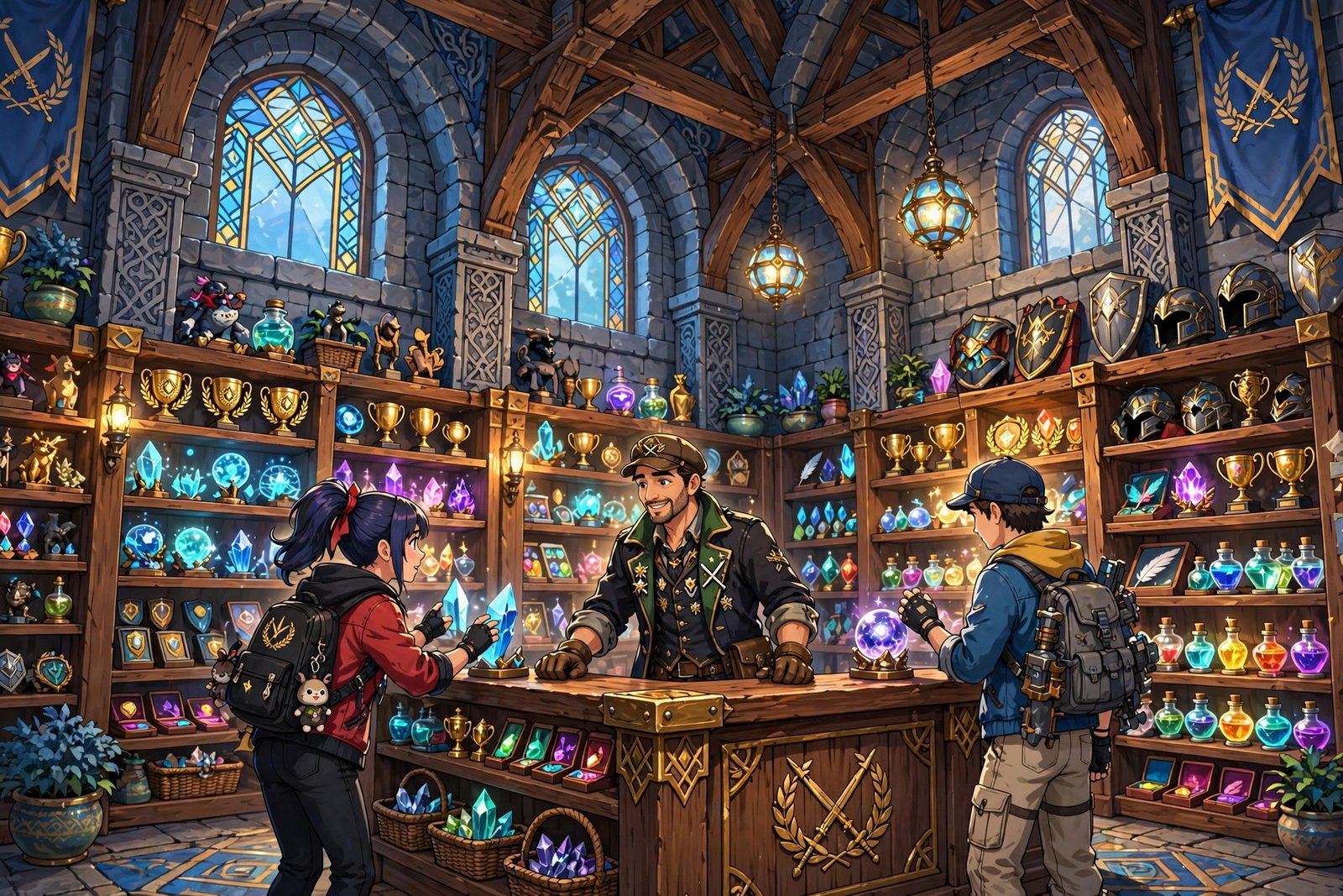 Prize exchange counter with battle items inside grand tower facility