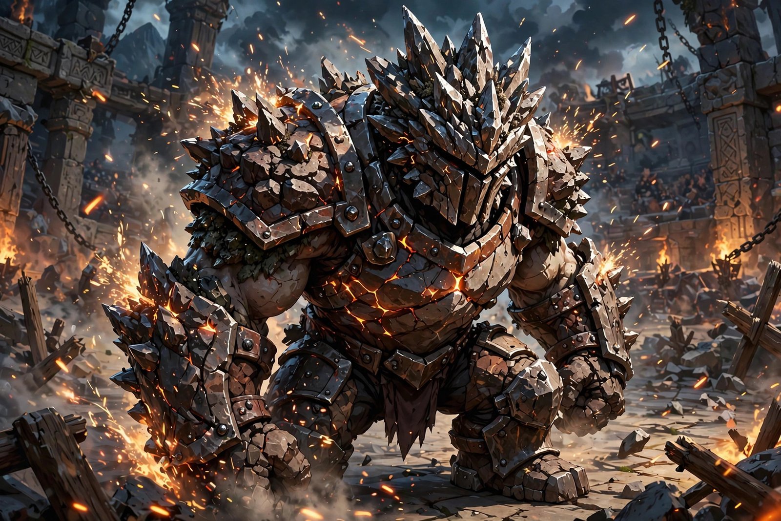 Armored fantasy creature wearing spiky rocky helmet in arena