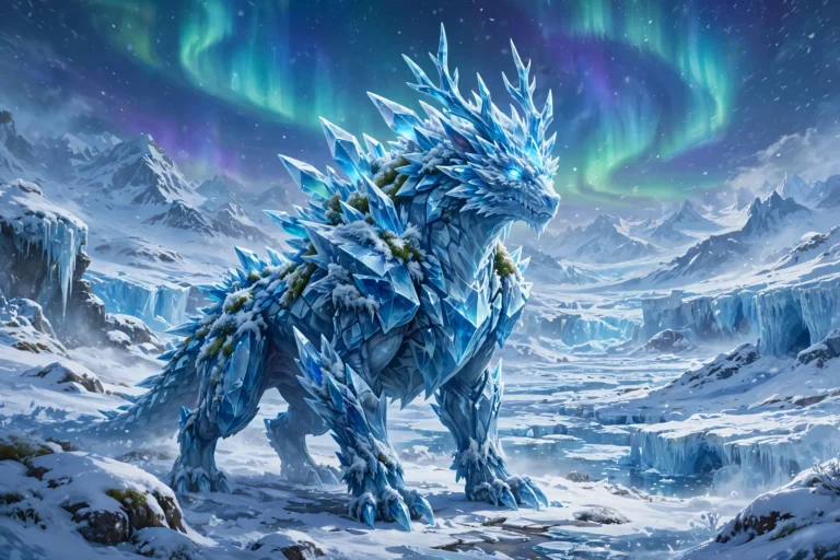 Crystalline ice creature fusion in a snowy arctic tundra