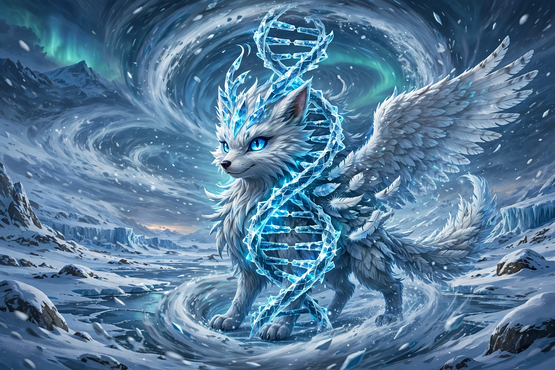 Two arctic creatures merging in a blizzard energy vortex