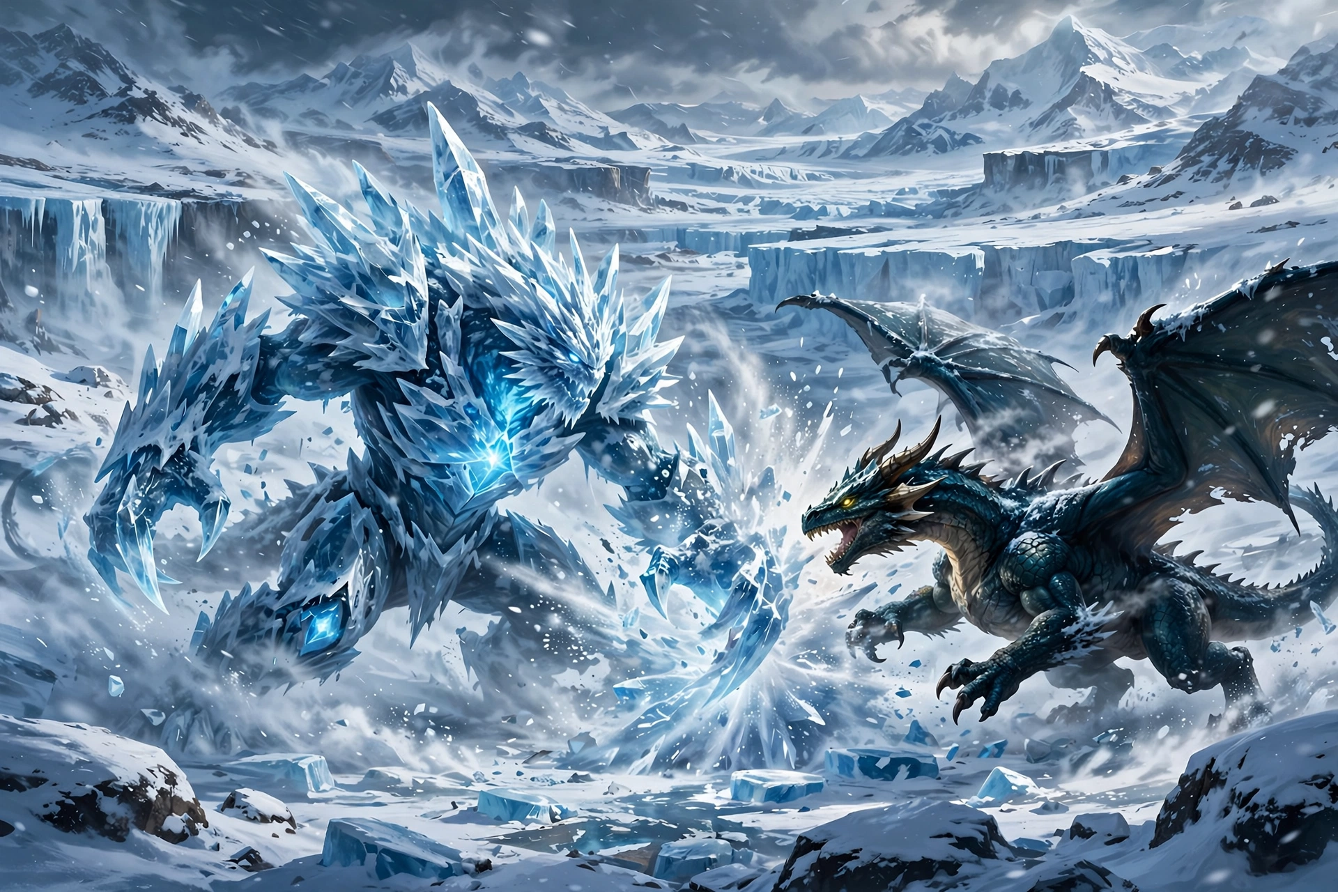 Ice-type crystal monster battling a dragon on a glacier