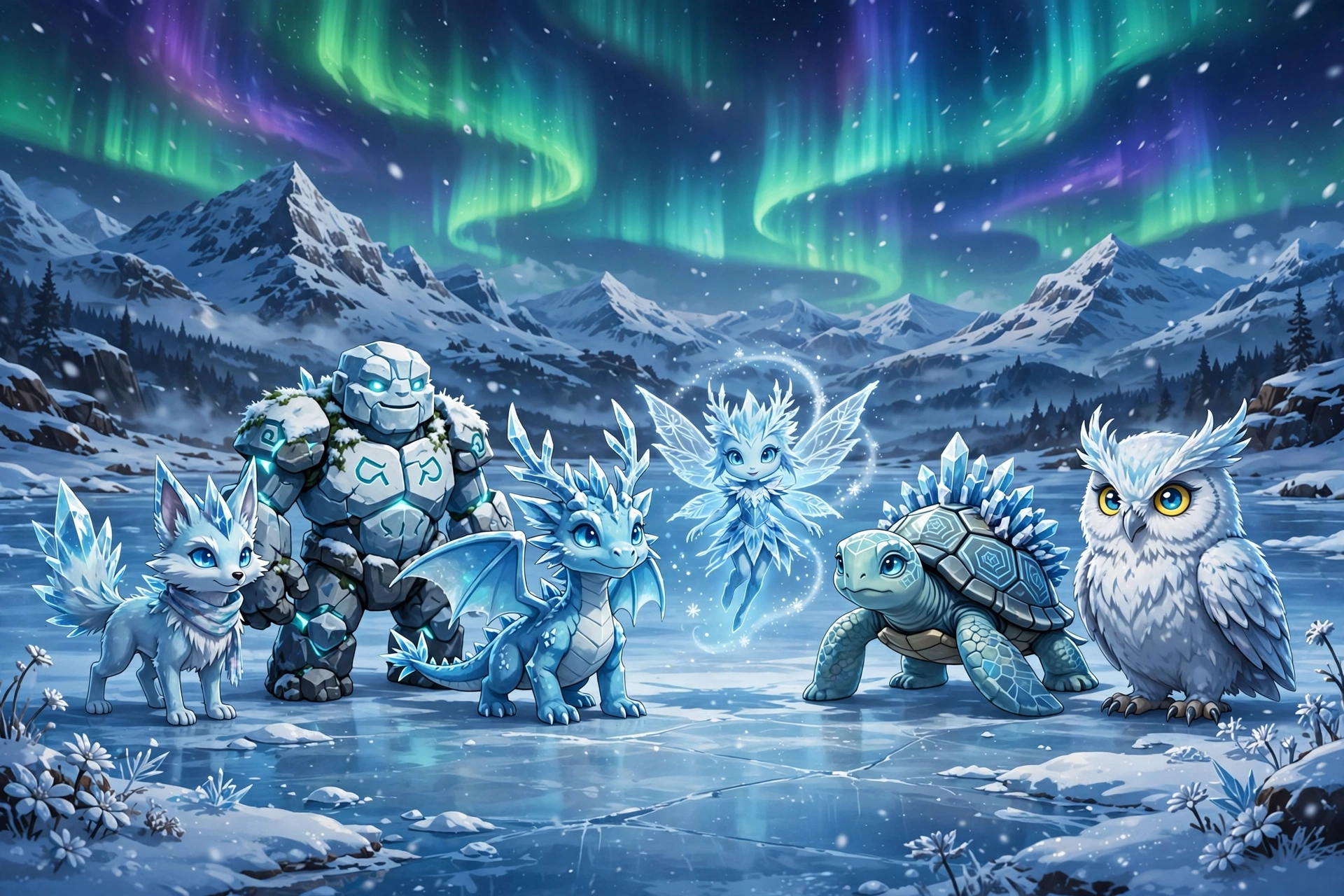 Team of six ice-type creatures on a frozen lake aurora