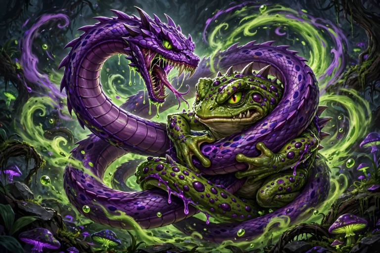 Venomous serpent and toxic frog creatures coiling amid poison mist