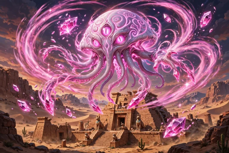 Powerful psychic creature levitating crystals with pink telekinetic energy waves