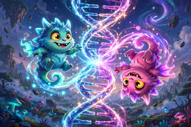 Two fused Pokemon creatures mirroring in glowing DNA energy
