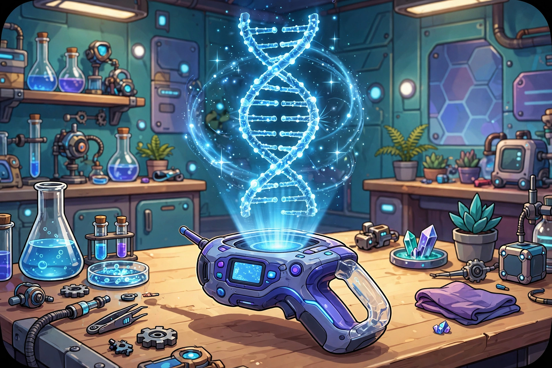 Futuristic DNA splicer device with glowing blue helix hologram
