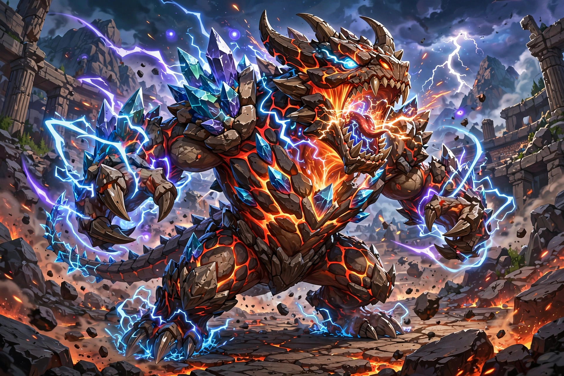 Powerful fused Pokemon creature roaring in battle arena