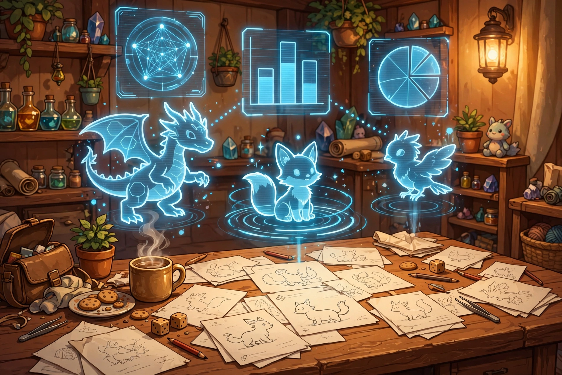 Trainer planning desk with holographic Pokemon team charts