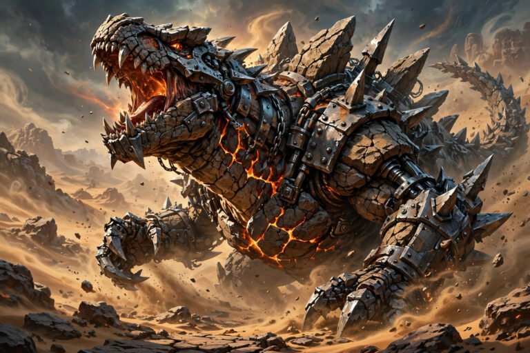 Tyranitar rock steel dinosaur fusion roaring in sandstorm