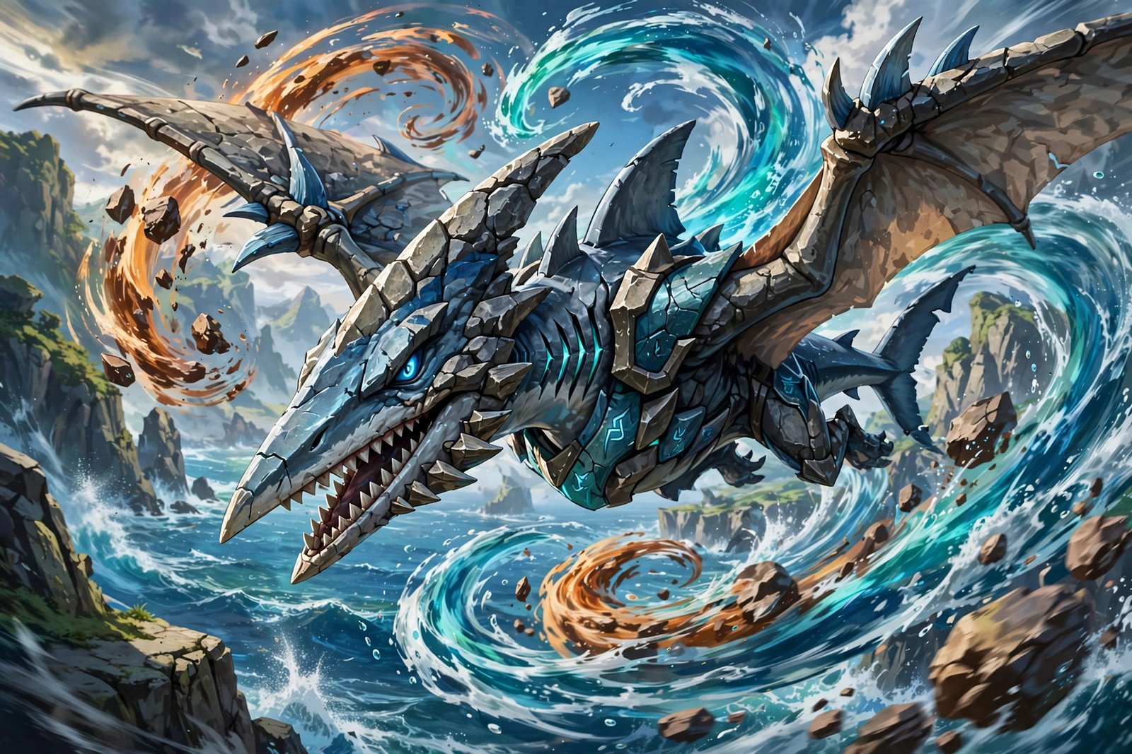 Aerodactyl Kabutops fossil fusion flying over ocean cliffs