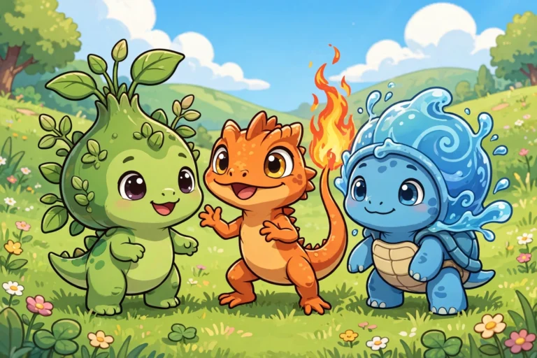 Three cute starter creatures, plant dinosaur, fire lizard, water turtle together
