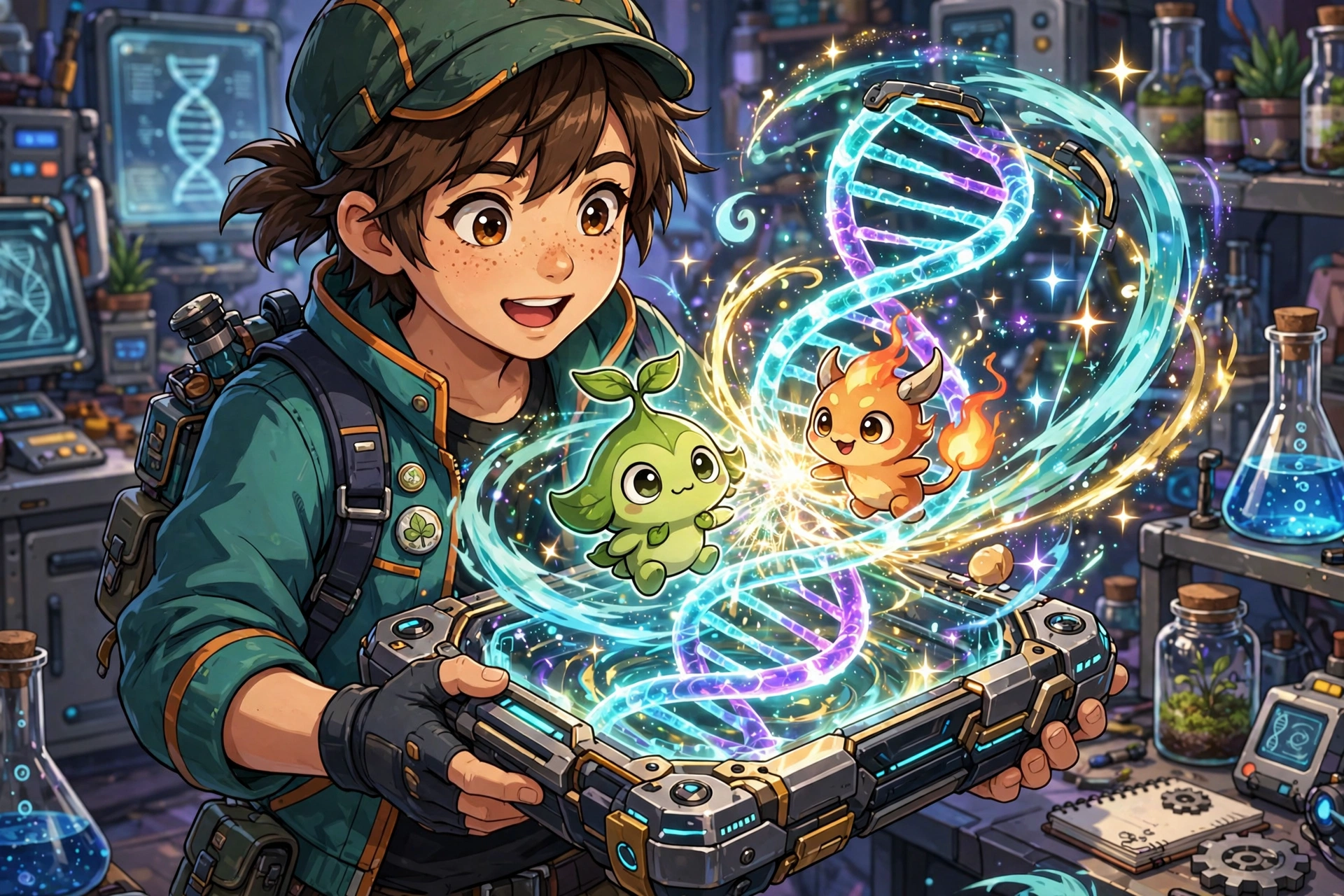 Trainer using glowing DNA splicer device to fuse two creatures