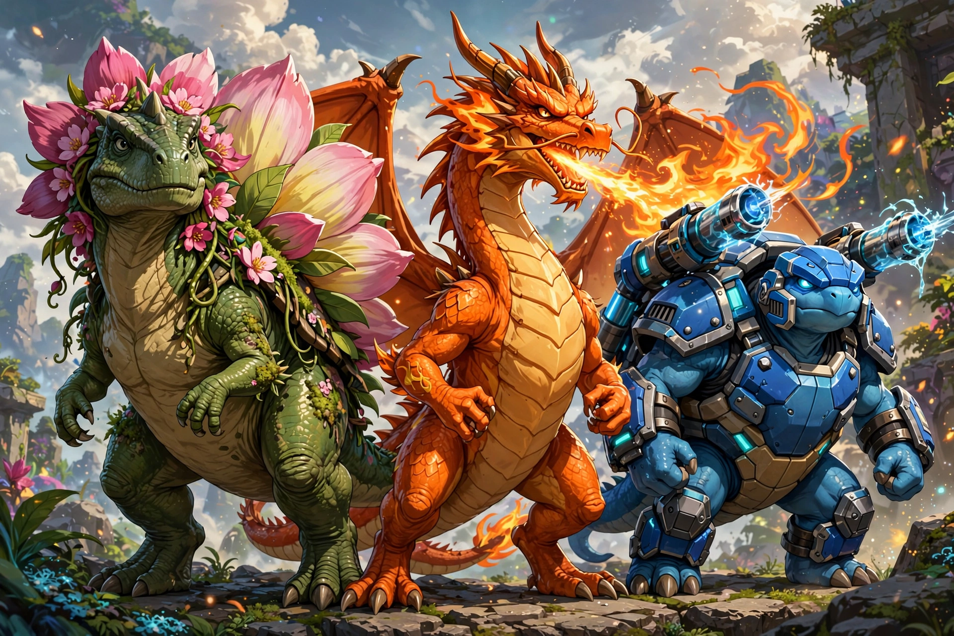 Three evolved starter creatures standing together as a team