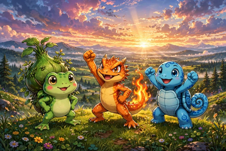 Bulbasaur Charmander and Squirtle together in vibrant fan art