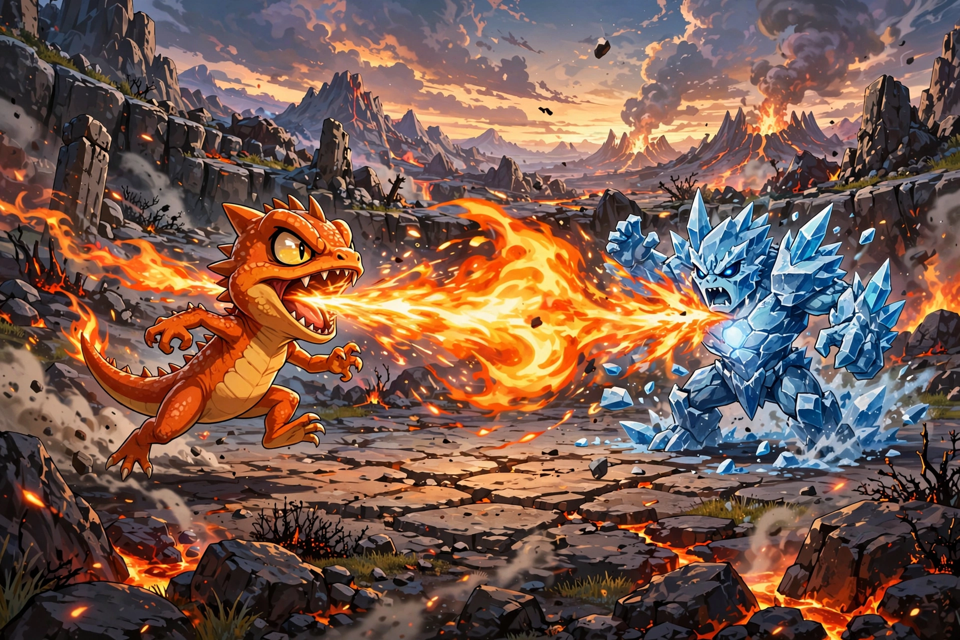 Charmander battling with fire blast in dramatic game scene