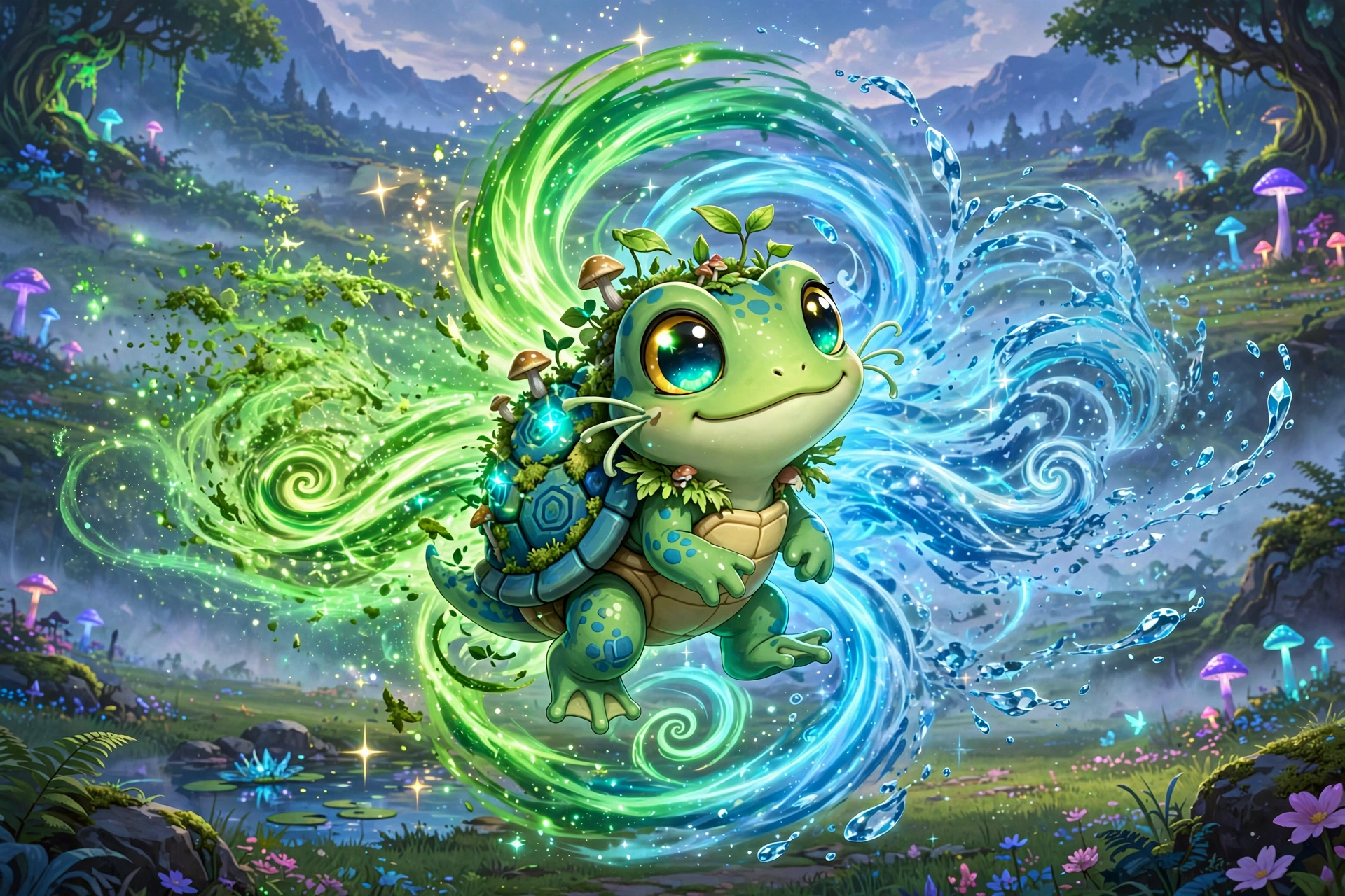 Two Pokemon merging into one glowing fusion creature art