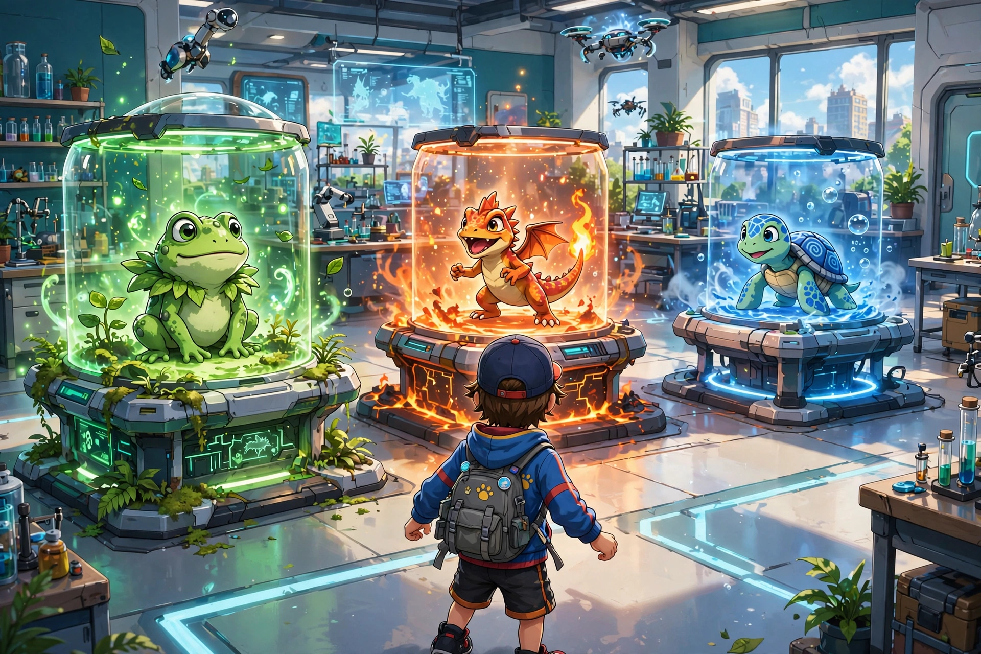 Trainer choosing between three starter Pokemon in lab