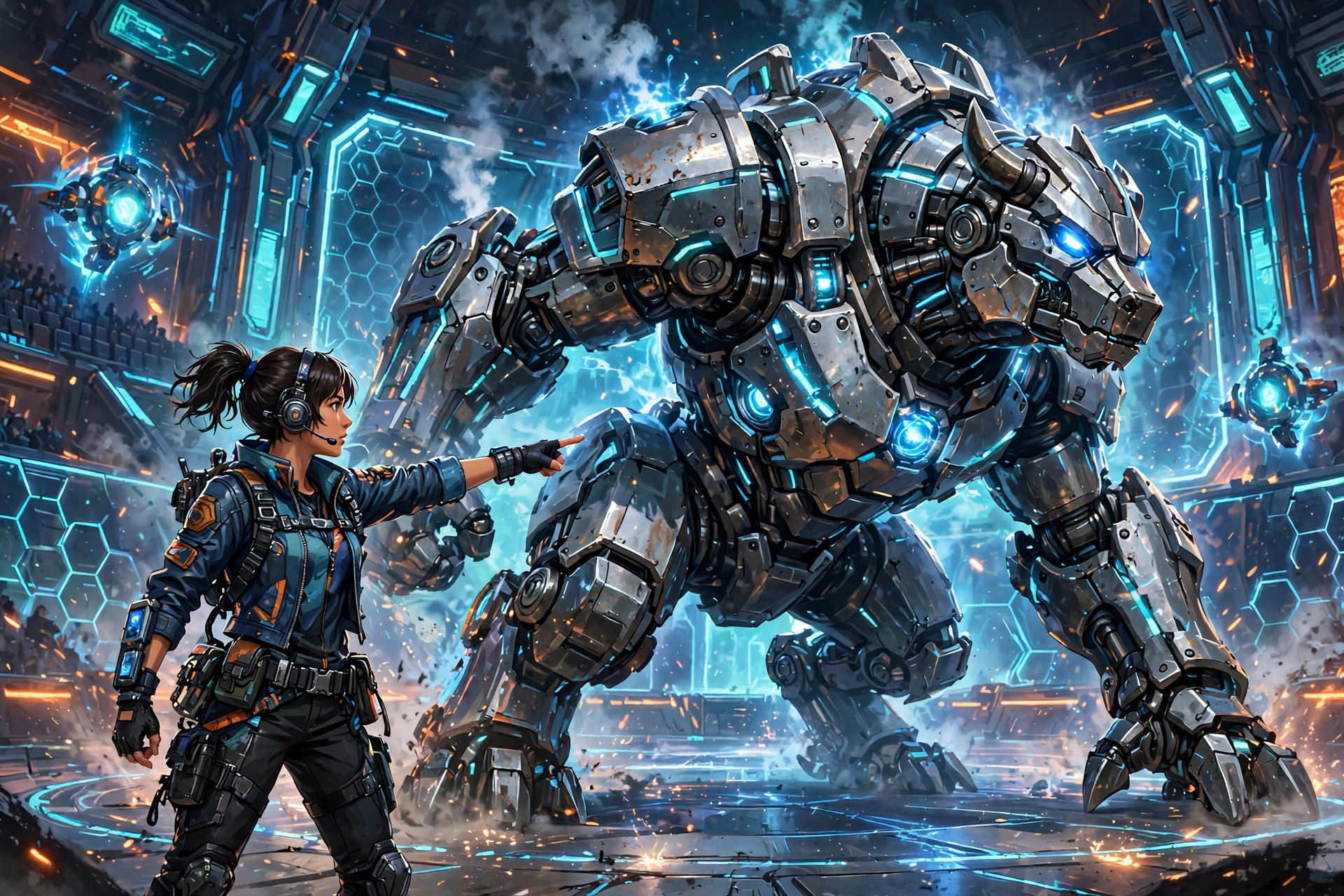 Trainer commanding an armored steel creature in a battle arena