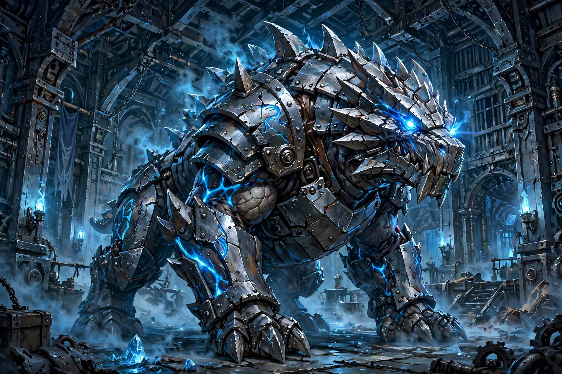 Two steel creatures fusing inside a swirling silver energy vortex