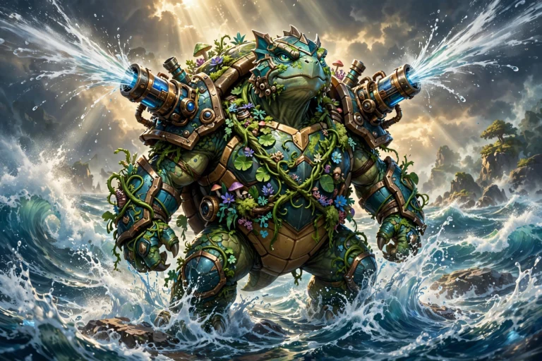 Armored water turtle fusion creature standing in ocean waves
