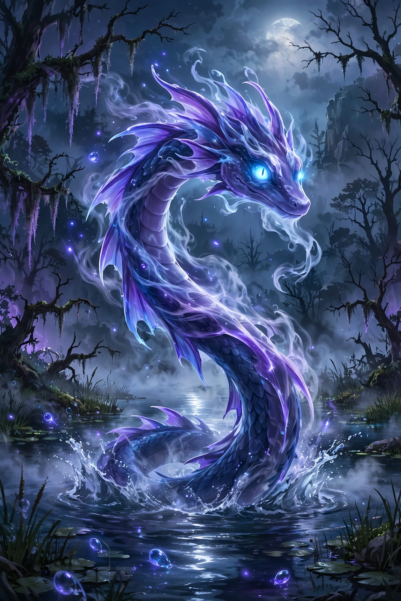 Ghostly water serpent creature emerging from misty lake