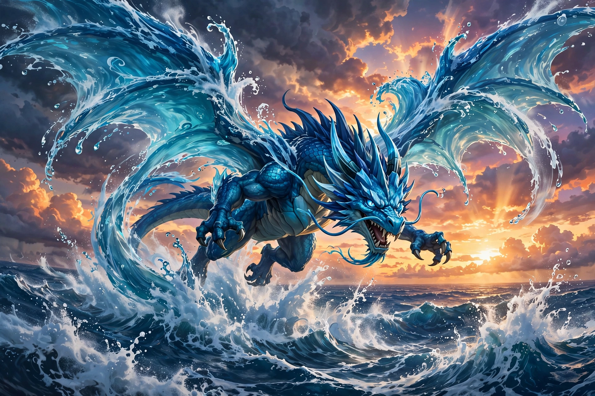 Dragon-like flying water creature soaring over ocean sunset