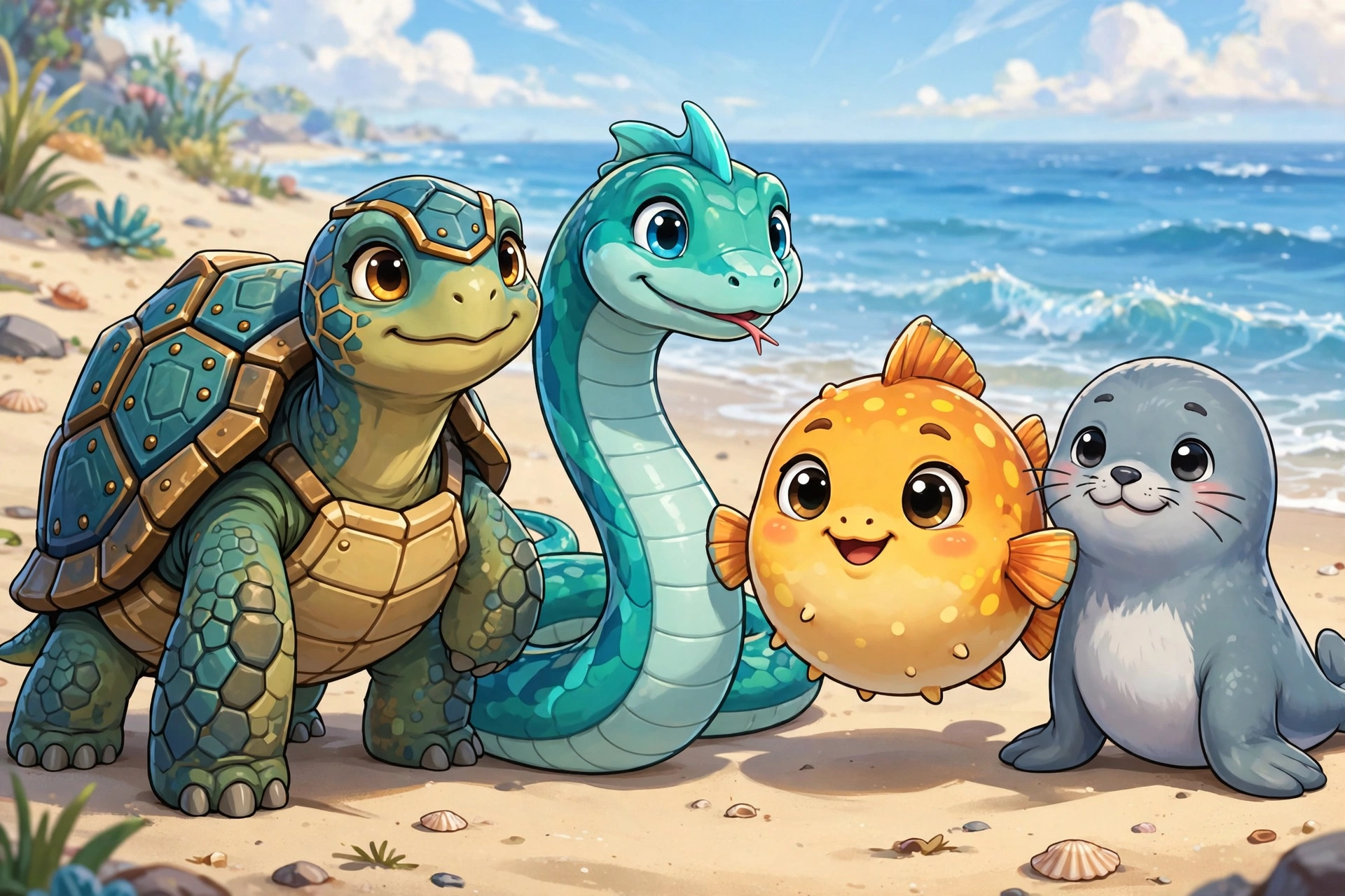 Team of four water type creatures standing on beach