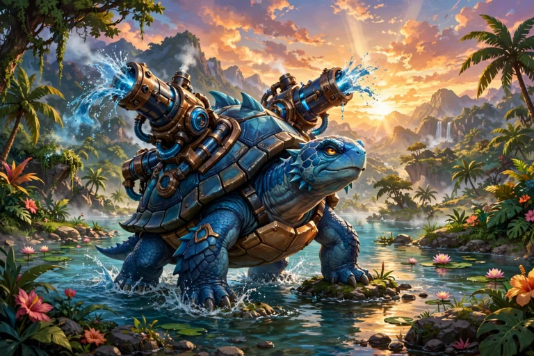 Blastoise standing heroically in a tropical lagoon at sunset