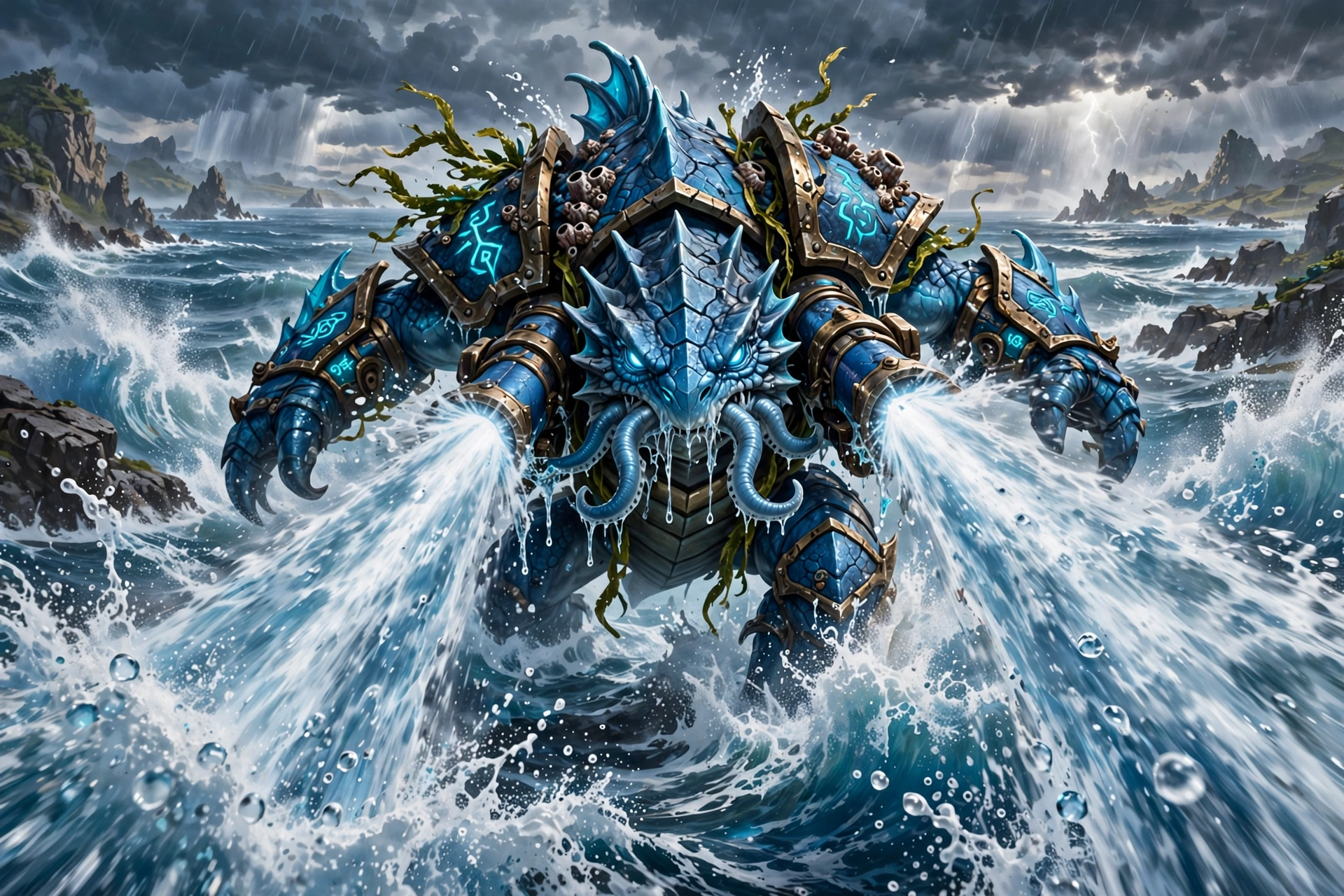 Blastoise firing powerful water blasts from its shell cannons