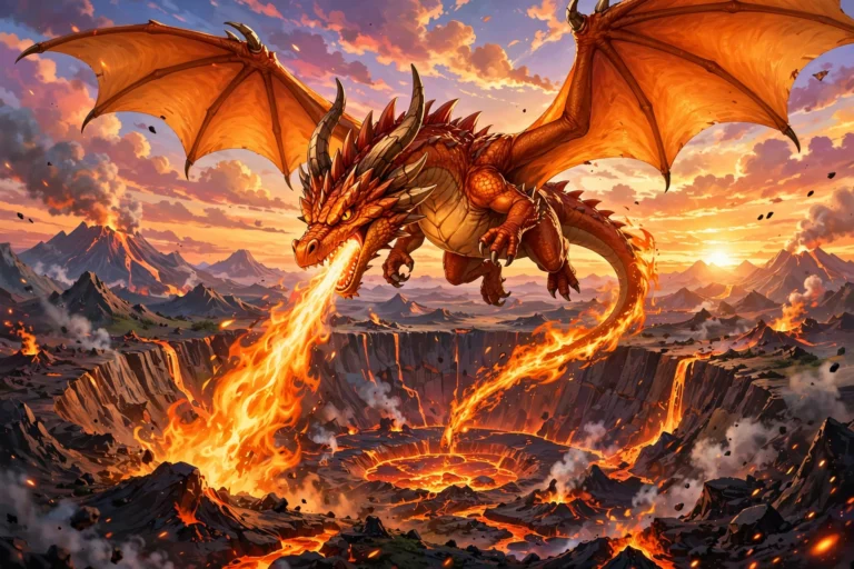 Orange fire dragon soaring over volcanic crater at sunset