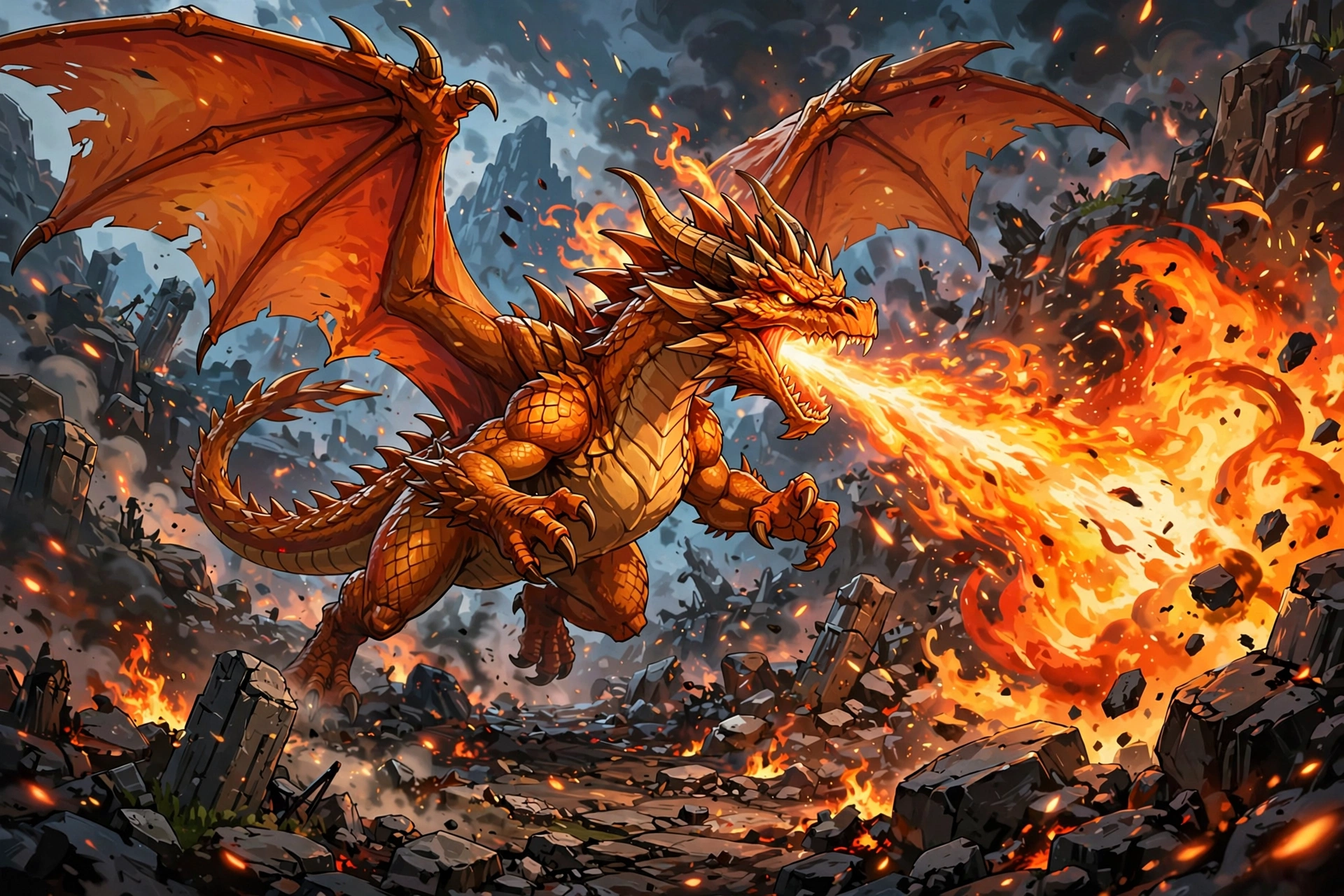 Fire dragon creature unleashing flames on rocky battlefield