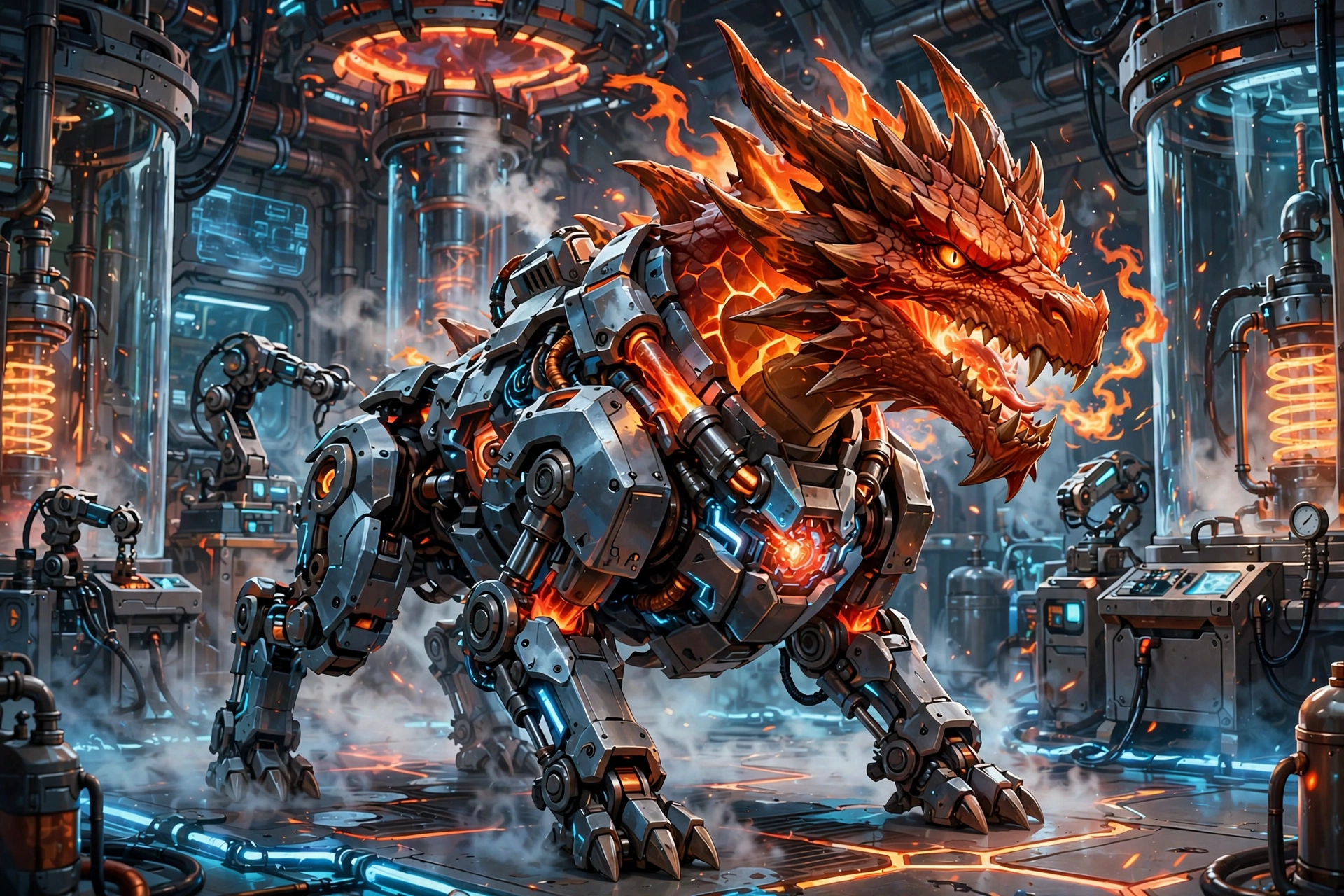 Fire dragon head fused with steel armored body concept