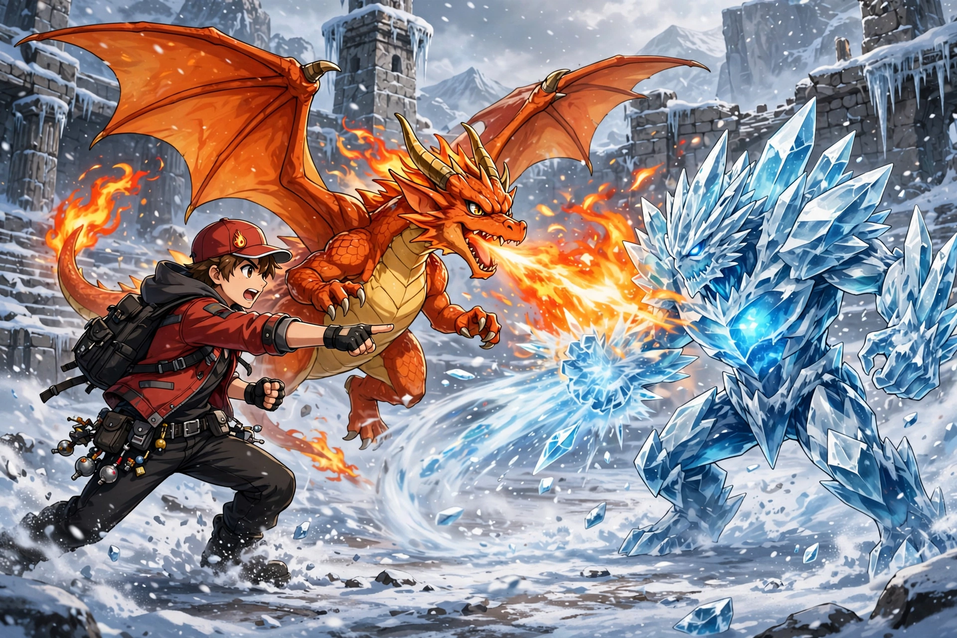 Trainer battling with fire dragon against ice creature arena