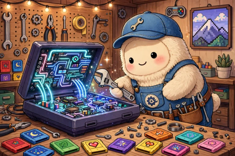 Cartoon creature fixing a game console troubleshooting guide