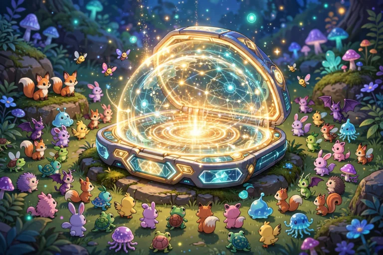 Glowing completed Pokedex encyclopedia surrounded by colorful creature silhouettes