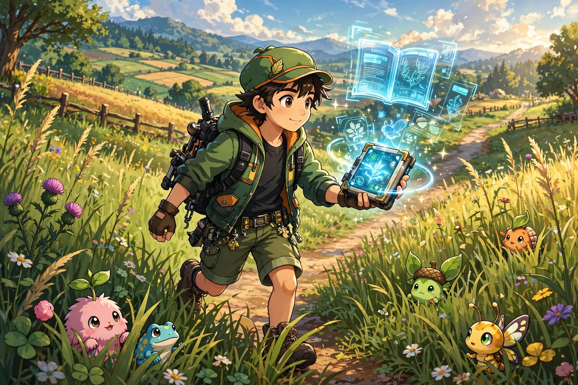 Trainer exploring tall grass route with glowing Pokedex catching creatures