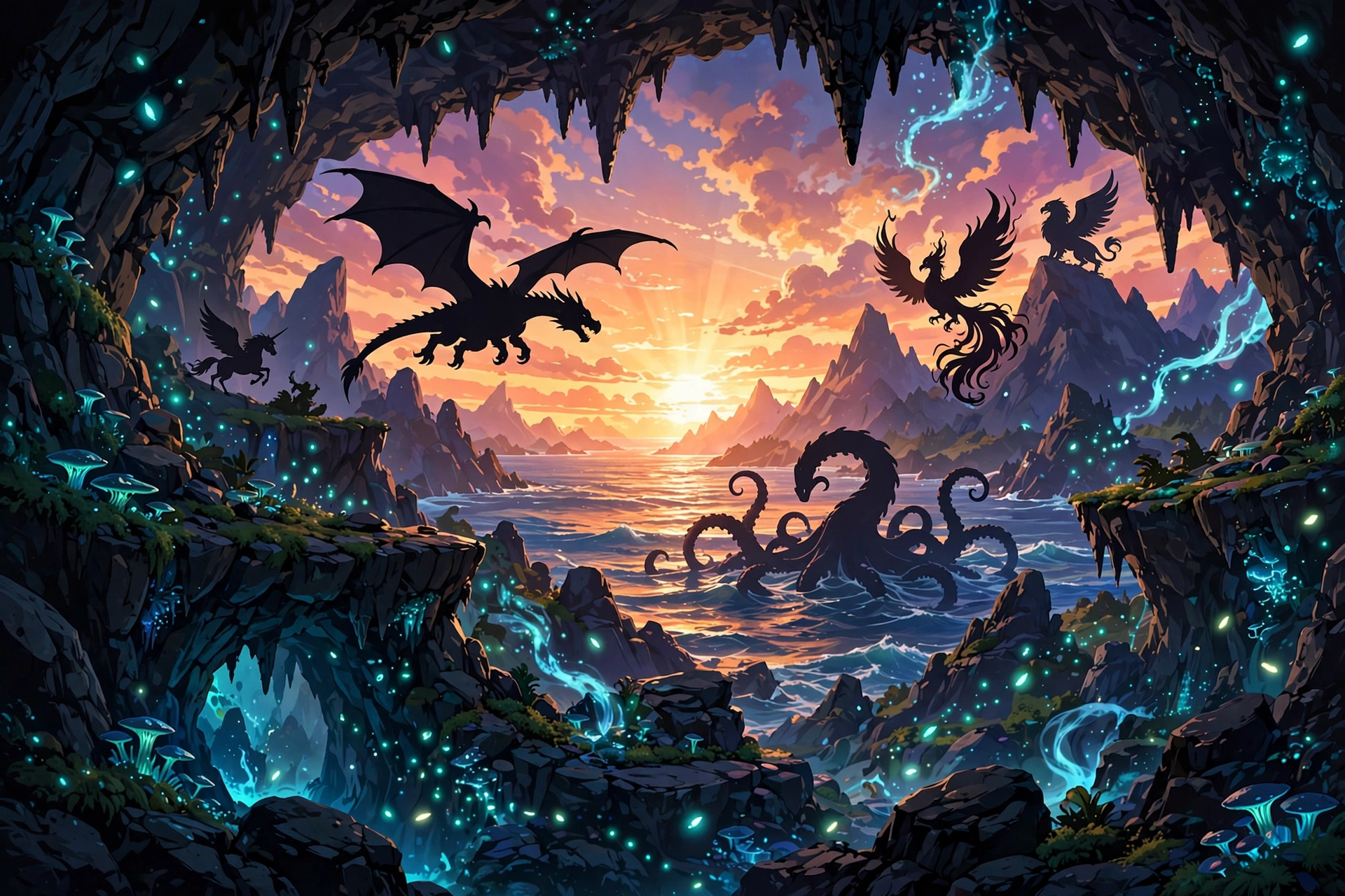 Legendary creature silhouettes across mountain cave and ocean at sunset
