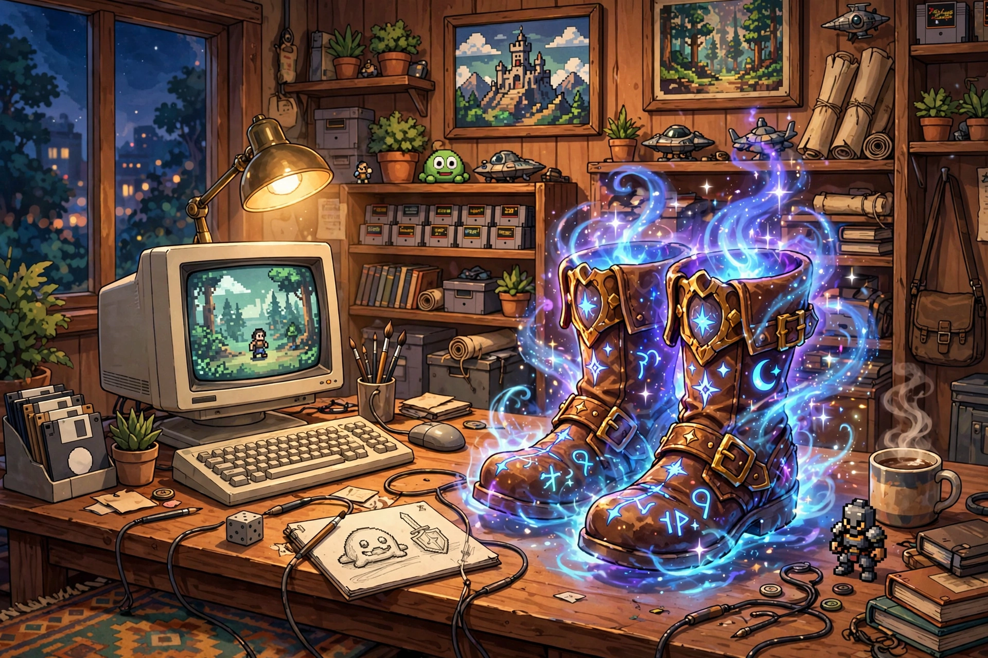 Retro game developer office with glowing magical boots on desk