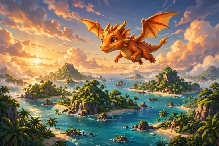 Dragonite soaring over tropical ocean islands at sunset