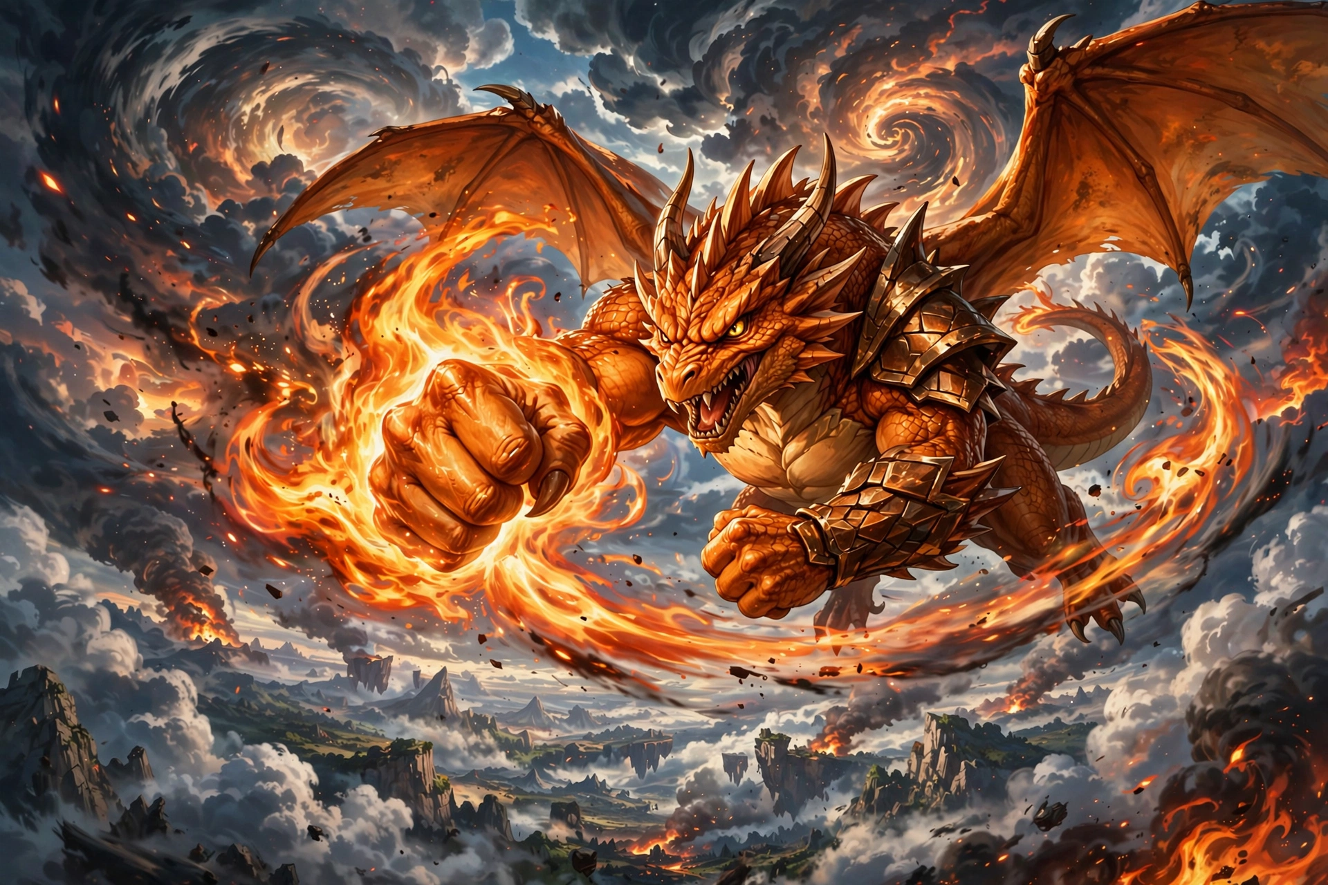 Dragonite delivering powerful flaming punch in sky battle